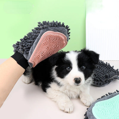 2-in-1 Pet Bathing Brush and Grooming Glove for dogs and cats, featuring dual-sided design for brushing, massaging, and drying, available in green, pink, and blue.