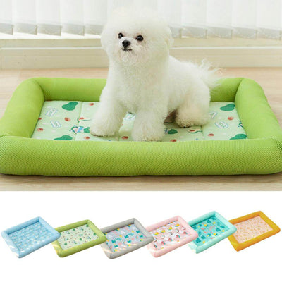 A dog lounging on a summer cooling blanket, looking comfortable and relaxed on a breathable, lightweight fabric