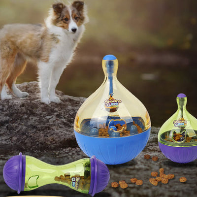 Pet Tumbler Toy for dogs and cats, available in blue and purple, featuring a leakage food feeder and designed for educational play.